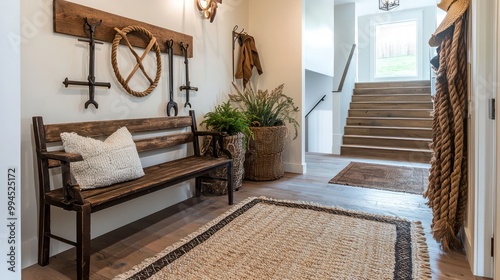A farmhouse-style foyer with a reclaimed wood bench, a braided rug, and a rustic coat rack made from old farm tools