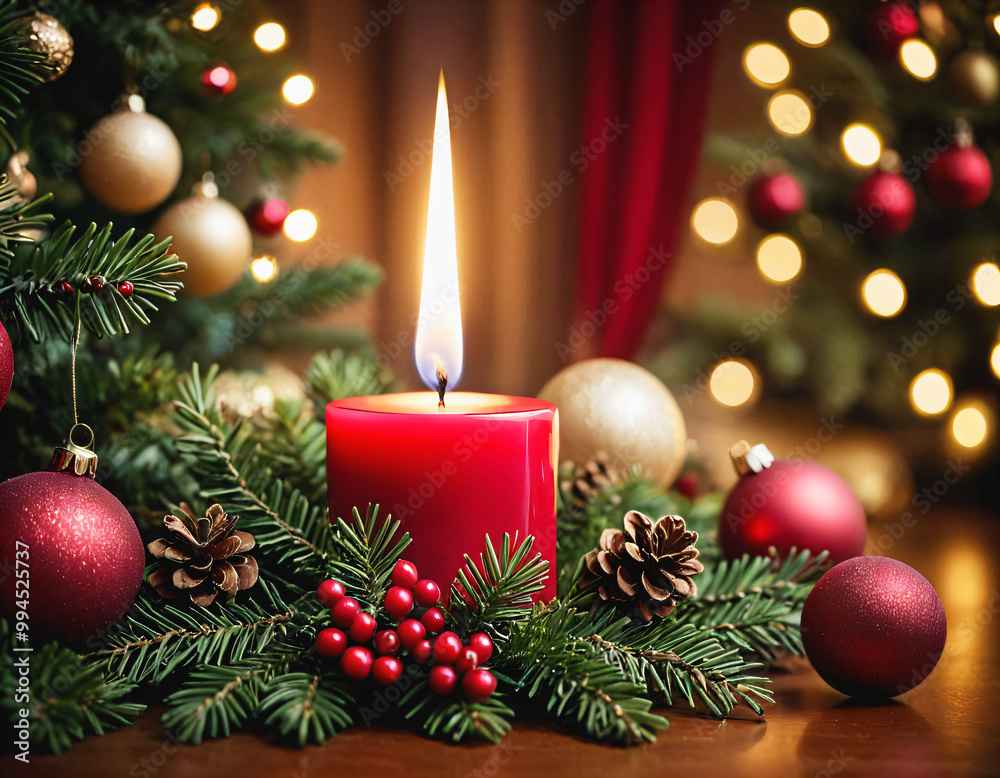 Christmas tree with toys, gifts, candles, garlands. The warm atmosphere of the holiday.