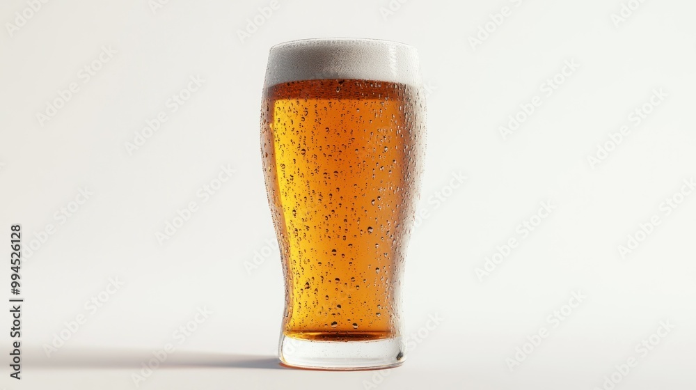 A Glass of Frothy Beer with Condensation on a White Background A Glass of Frothy Beer with Condensation on a White Background
