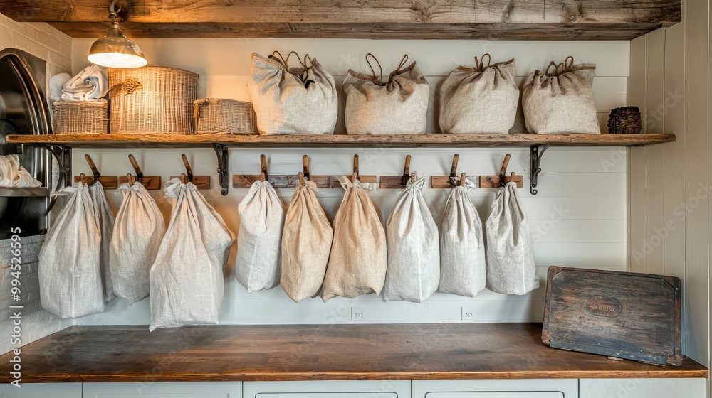 A farmhouse laundry room with open wooden shelving, an antique washboard, and linen laundry bags hanging on rustic hooks A farmhouse laundry room with open wooden shelving, an antique washboard, and linen laundry bags hanging on rustic hooks