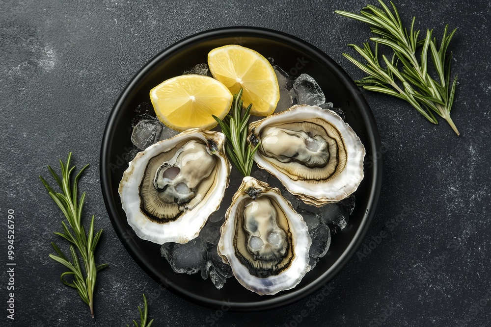 An image of fresh oysters on a plate with ice and lemon on a black textured background. An image of fresh oysters on a plate with ice and lemon on a black textured background.