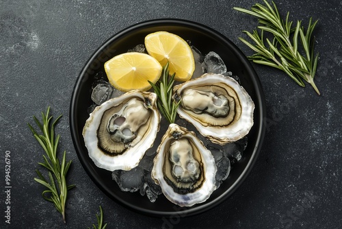 An image of fresh oysters on a plate with ice and lemon on a black textured background.