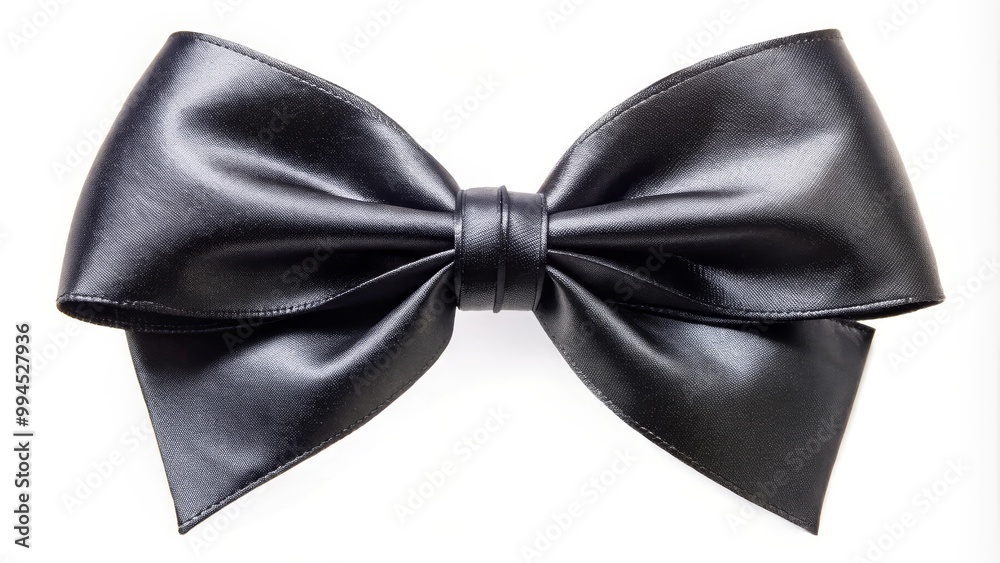 Black ribbon bow is lying on a white background with delicate lighting Black ribbon bow is lying on a white background with delicate lighting