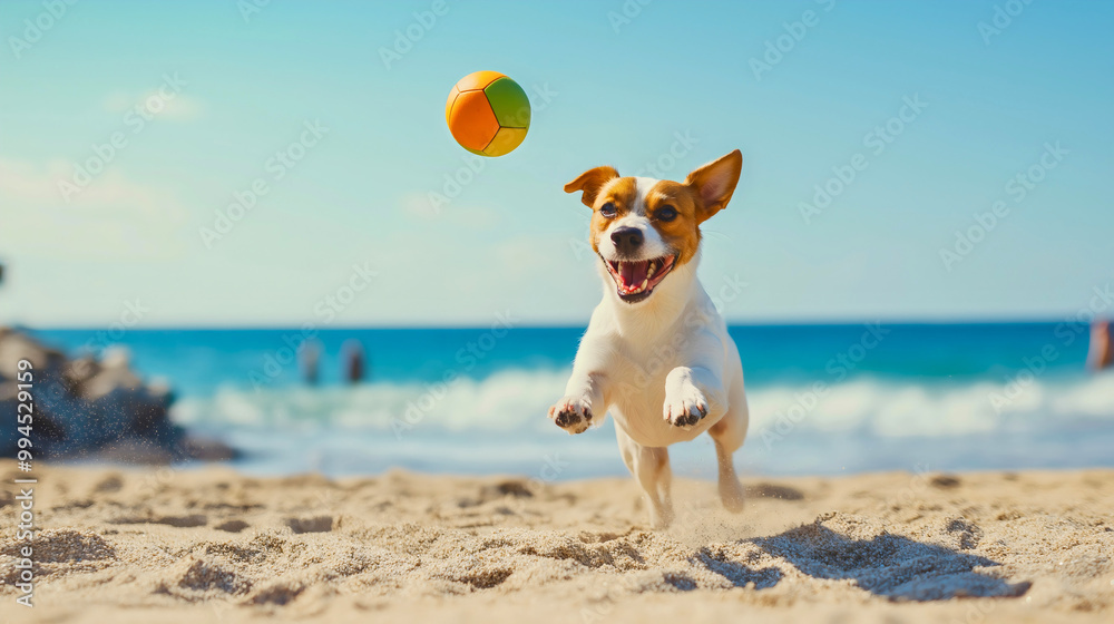Dog plays with ball on beach, pet active in summer sea, vacation on sand, animal happy near water, cute canine has fun, puppy enjoys holiday by ocean, adorable friend outdoor in sun Dog plays with ball on beach, pet active in summer sea, vacation on sand, animal happy near water, cute canine has fun, puppy enjoys holiday by ocean, adorable friend outdoor in sun