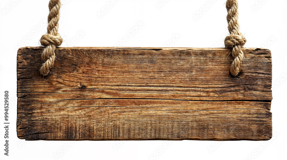A rustic wooden sign hangs by ropes against a white background, showcasing a weathered, vintage look. A rustic wooden sign hangs by ropes against a white background, showcasing a weathered, vintage look.