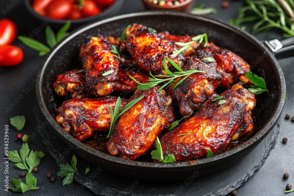 A cast iron baking dish filled with grilled chicken wings and a barbecue sauce flavored with rosemary. A cast iron baking dish filled with grilled chicken wings and a barbecue sauce flavored with rosemary.