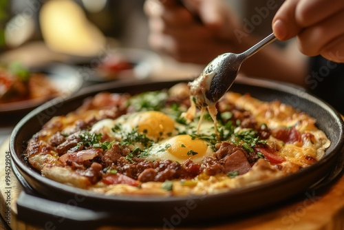 Spicy rice cakes (Tokbokki or Tteokbokki) with cheese. A Korean traditional foodstuff on a wood background. photo