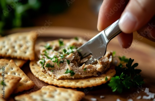 A close-up of a hand spreading pate on a cracker.