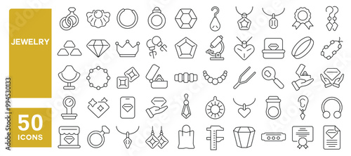 Set of 50 line icons related to jewelry, gem, stones, accessories, ring, gold, necklace, diamond, amulet, earring, sapphire, Editable stroke. Vector illustration