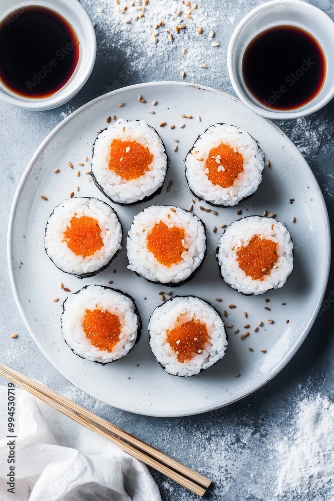 A dark background with sushi, rolls, and sauce depicting traditional Japanese food. A dark background with sushi, rolls, and sauce depicting traditional Japanese food.