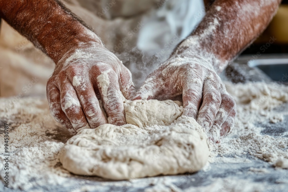 Chef closeup of hands preparing raw dough pastry