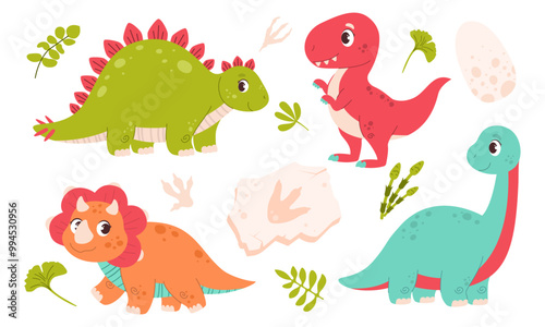 Set of cute, colorful dinosaurs. Tyrannosaurus, diplodocus, triceratops, stegosaurus in cartoon style. Fossils. Fossilized dinosaur footprint, plant leaves, egg.