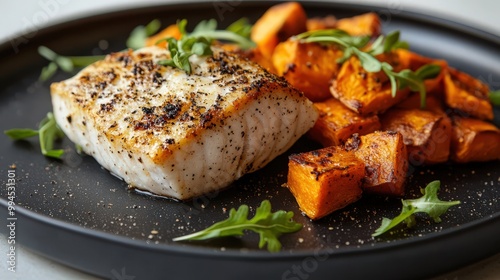 Healthy White Fish Fillet and Roasted Pumpkin on Plate – Perfect Autumn Recipe for Seasonal Cooking. A Nutritious and Flavorful Meal, Ideal for Gluten-Free, Protein-Rich, and Balanced Diets.