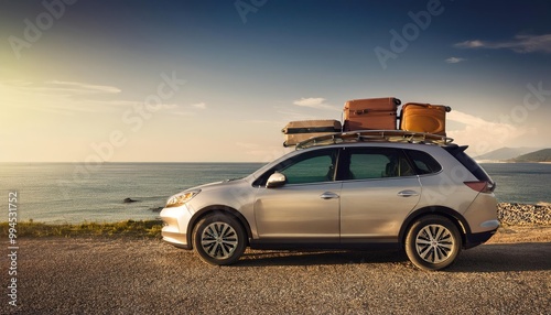 Car with luggage on the roof ready for summer vacation