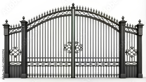 Black wrought iron gate with decorative features is closed, providing security and privacy