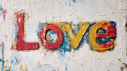 Acryllic Love Text written with thick brush acryl colors on canvas