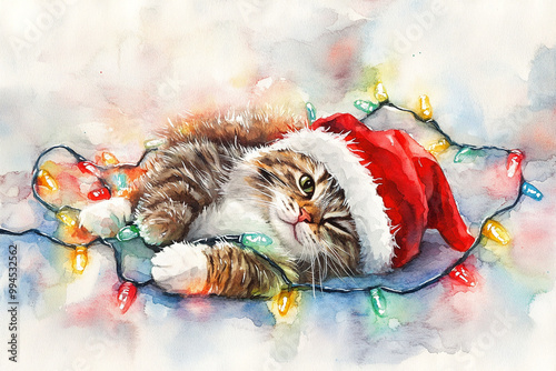 watercolor painting cat wearing santa  hat playing with christmas tree lighting