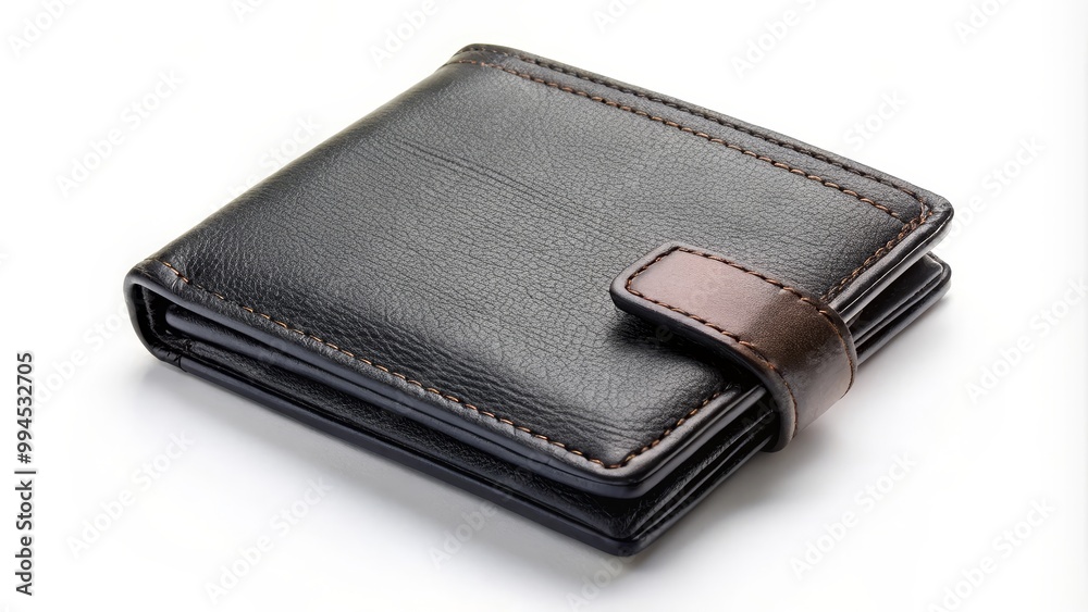 Closed black leather wallet is lying on a white background Closed black leather wallet is lying on a white background