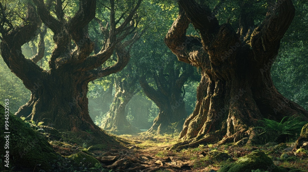 Ancient, gnarled trees form a canopy in a misty forest, with sunlight illuminating a path through the woodland. Ancient, gnarled trees form a canopy in a misty forest, with sunlight illuminating a path through the woodland.