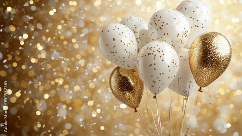 Elegant white and gold balloons with confetti, sparkling bokeh background, luxury celebration decorations, festive party atmosphere, perfect for birthdays, anniversaries, and other special events. photo