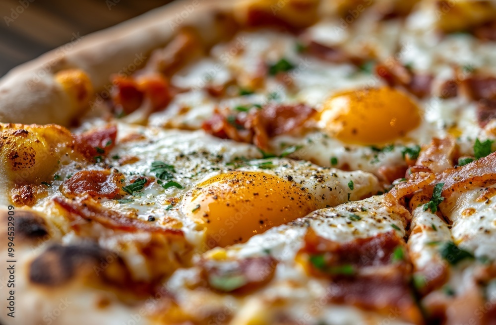 Pizza with eggs and bacon for breakfast. Italian appetizers. Stock.