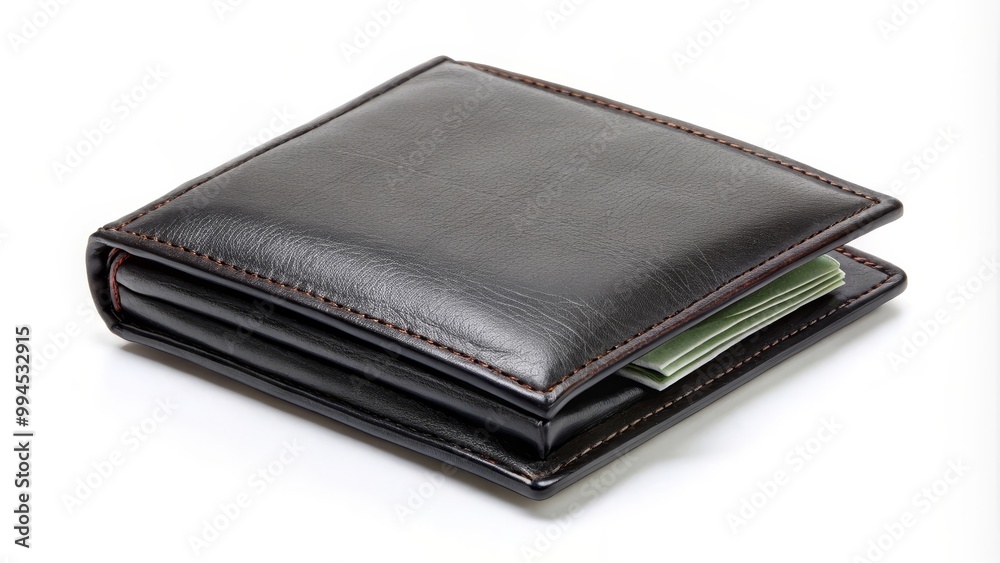 Closed black leather wallet is lying on a white background Closed black leather wallet is lying on a white background