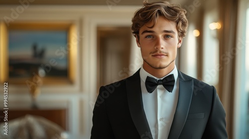 Handsome young man in black tuxedo with bow tie, standing confidently indoors, formal attire, elegant fashion, modern gentleman portrait, luxury event or celebration, sophisticated look. photo