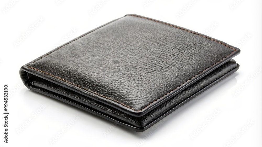 Closed black leather wallet is lying on a white background