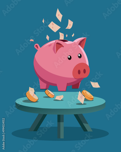 A piggy bank smashed open with enough force to damage the table underneath exposing its valuable contents.. Vector illustration