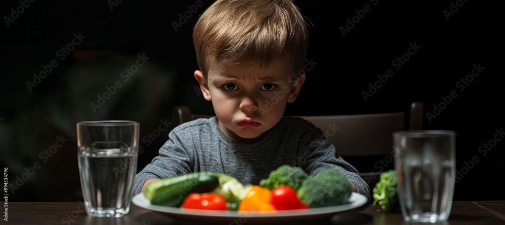 There is an unhappy child sitting at the table eating vegetables because he is not a fan of salads. There is an unhappy child sitting at the table eating vegetables because he is not a fan of salads.