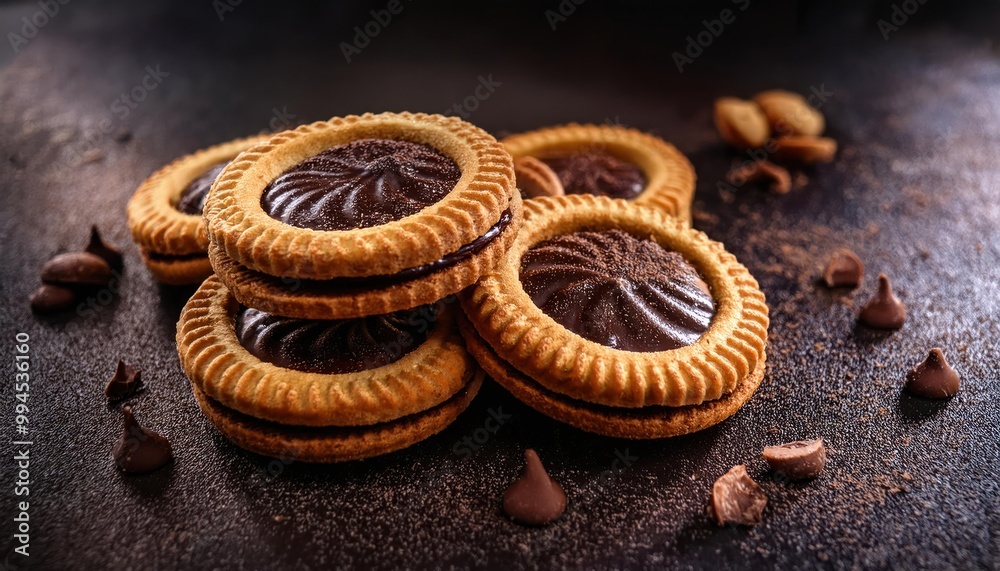 Obraz premium Delicious sweet crispy cookies with chocolate filling in the center on a dark concrete 