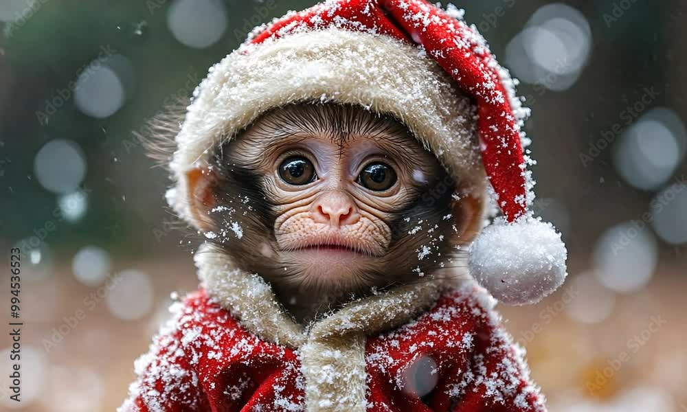 A monkey wearing a Santa hat in a snowy setting. A monkey wearing a Santa hat in a snowy setting.