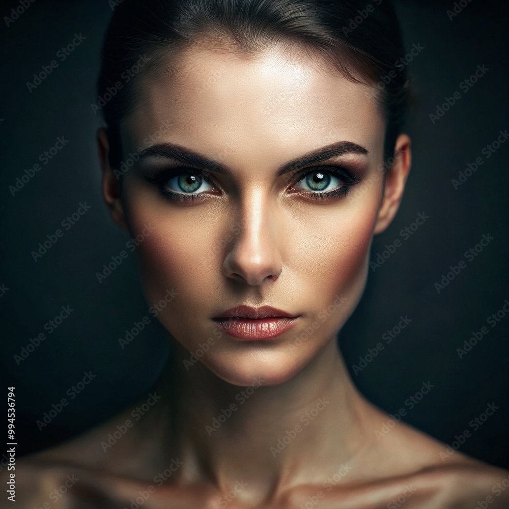 Striking portrait of a woman with intense blue eyes and dramatic makeup against a dark background Striking portrait of a woman with intense blue eyes and dramatic makeup against a dark background