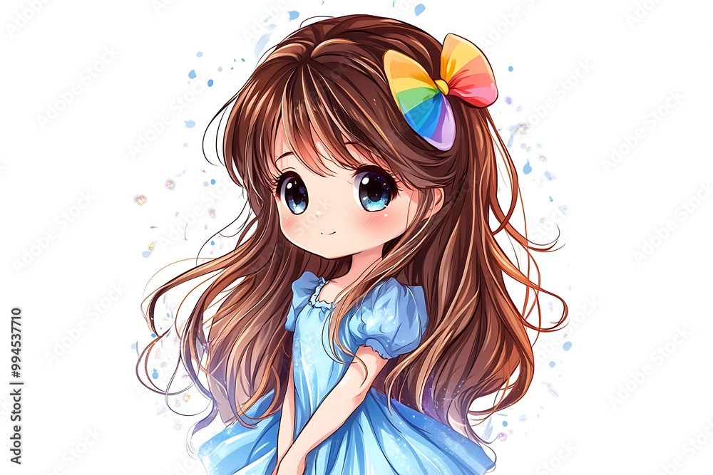 Naklejka premium Cute anime girl with brown hair and big blue eyes wearing a blue dress and a rainbow bow.