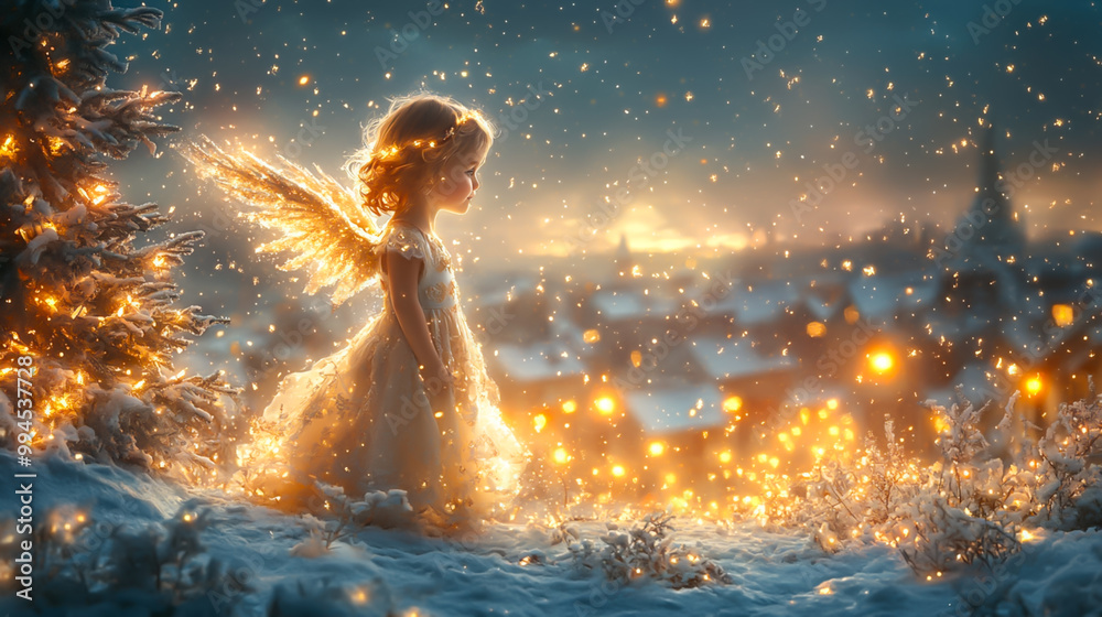 Obraz premium 光り輝く天使とクリスマスの夜/Glowing Angel on a Christmas Night generative AI