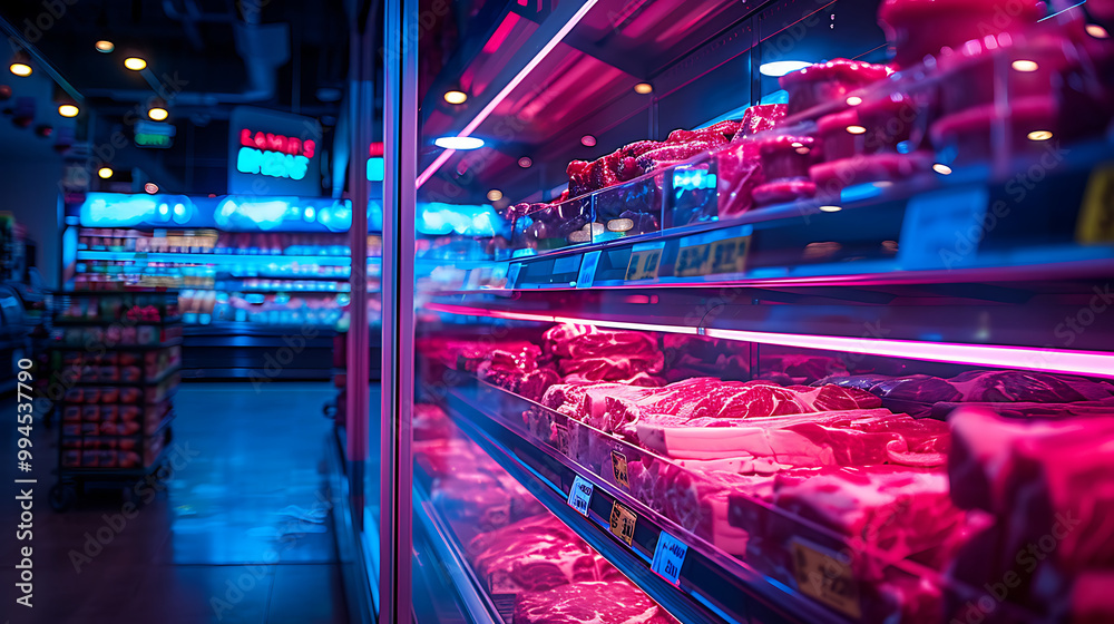 Meat aisle with various cuts displayed in a refrigerated grocery section. close-up of a meat fridge in a grocery store filled with various cuts of fresh meat various cuts of beef, pork and other meats Meat aisle with various cuts displayed in a refrigerated grocery section. close-up of a meat fridge in a grocery store filled with various cuts of fresh meat various cuts of beef, pork and other meats