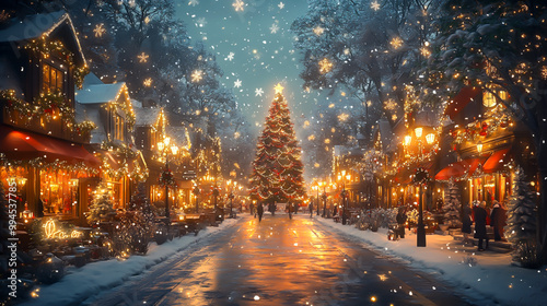 雪の降るクリスマスタウン/Christmas Town in the Snow generative AI