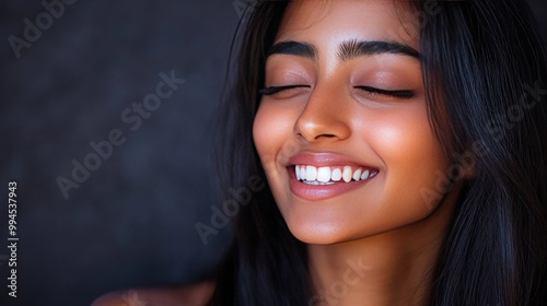 Happy Indian woman smiling in studio.