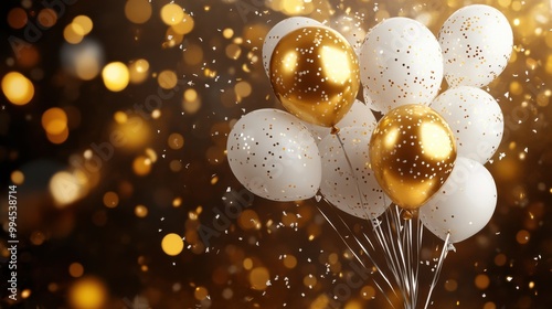 Gold and white balloons with confetti on dark background, elegant party decor, celebration for special occasions, luxury and festive decorations, ideal for birthdays and anniversaries. photo