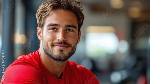 Close-up portrait of a smiling man with wavy hair wearing a red shirt, looking confidently into the camera, relaxed indoor setting, warm lighting, positive expression. photo