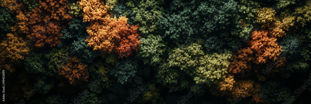 This aerial view of an autumnal forest canopy contrasts green and orange trees, highlighting seasonal changes, making it a great background for environmental themes. This aerial view of an autumnal forest canopy contrasts green and orange trees, highlighting seasonal changes, making it a great background for environmental themes.