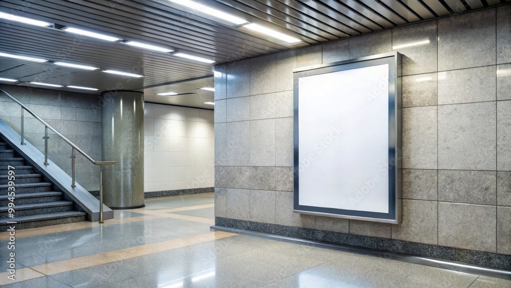 Empty advertising lightbox standing in spacious hall with grey tiled walls and shiny floor Empty advertising lightbox standing in spacious hall with grey tiled walls and shiny floor