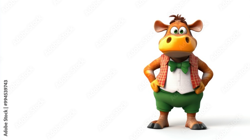 Cartoon Brown Cow Wearing Green Shorts, Red Plaid Vest, and Green Bowtie Cartoon Brown Cow Wearing Green Shorts, Red Plaid Vest, and Green Bowtie