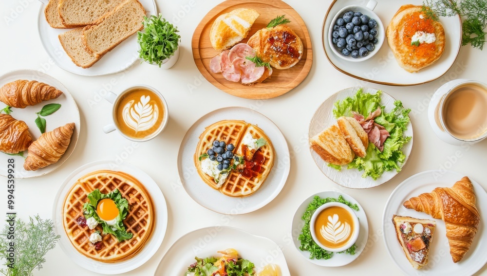 Waffles, croissants, and coffee at the breakfast table Waffles, croissants, and coffee at the breakfast table