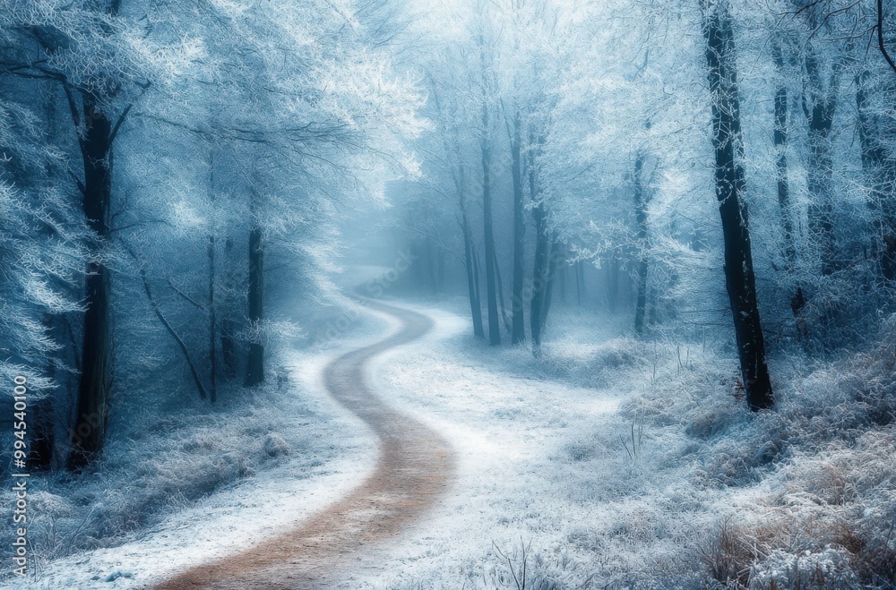 Obraz premium A winding path through an icy forest, with frost-covered trees and soft blue hues in the misty air. The road leads to the distant horizon, creating a sense of mystery and wonder
