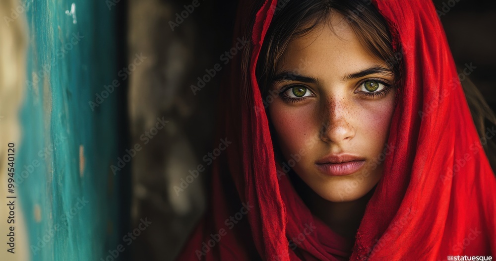 Portrait of a beautiful girl in a red hijab with green eyes against a rural backdrop, with bright colors and soft lighting.