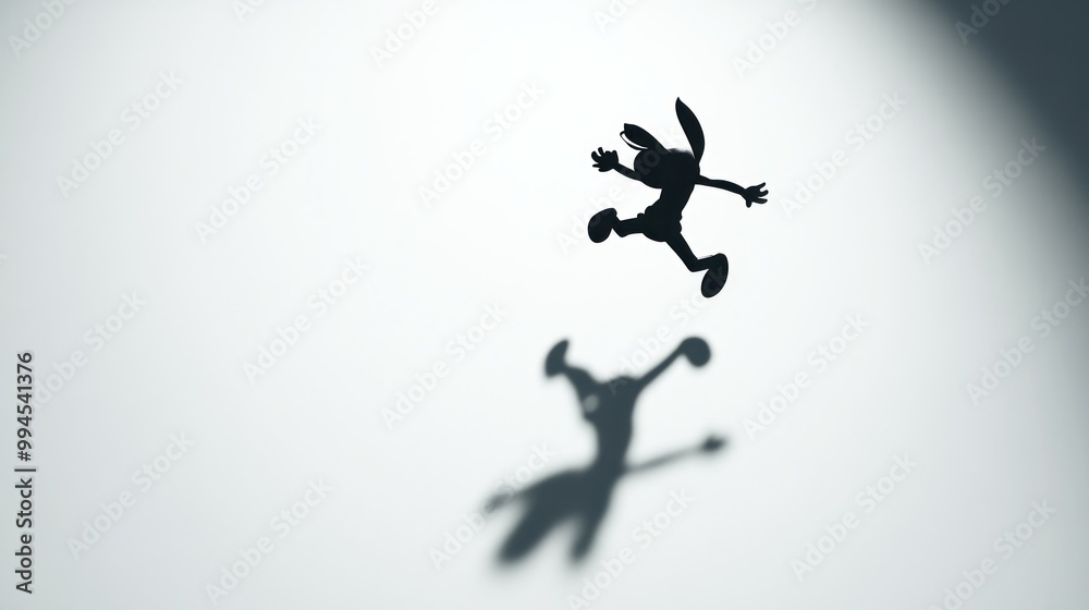 Silhouette of a Rabbit Jumping with a Shadow on a White Wall Silhouette of a Rabbit Jumping with a Shadow on a White Wall