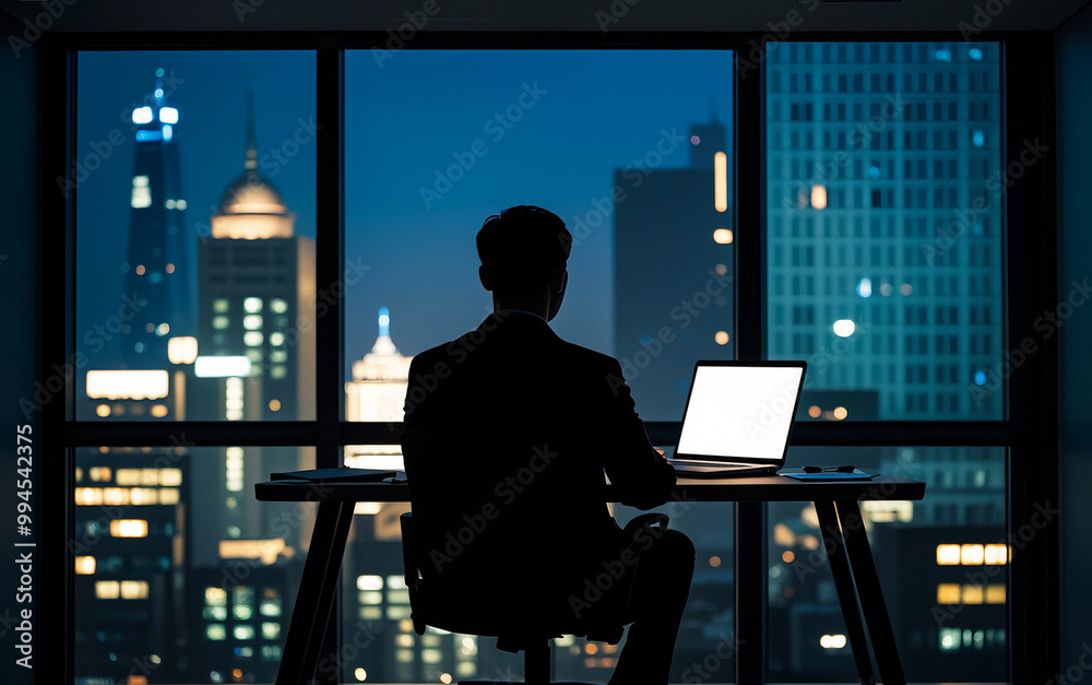Silhouette of a office worker sitting in office chair at a table with laptop computer in dark room at night; night cityscape out the window of the office; a man working overtime in a dark office Silhouette of a office worker sitting in office chair at a table with laptop computer in dark room at night; night cityscape out the window of the office; a man working overtime in a dark office