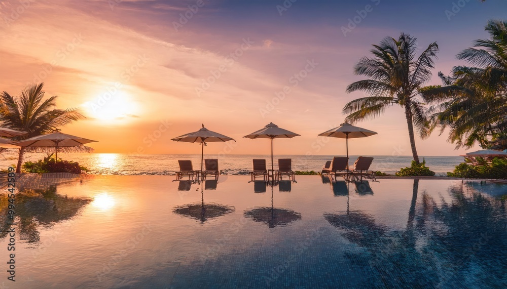 Naklejka premium Fantastic poolside, sunset sky, palm trees reflection. Luxury tropical beach landscape, infinity swimming pool, deck chairs and loungers under umbrellas amazing scenic.