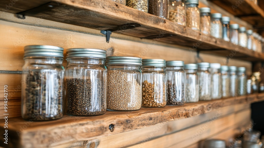 An arrangement of uncooked groceries in glass jars on kitchen shelves An arrangement of uncooked groceries in glass jars on kitchen shelves